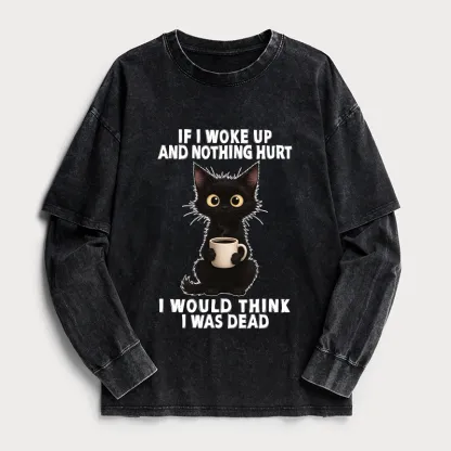 Tokyo-Tiger Funny Cute Black Cat And Coffee Meme Washed Double Layer T-Shirt