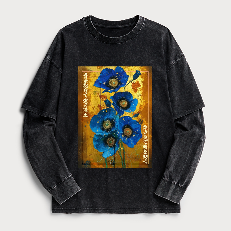 Tokyo-Tiger Shiny Blue Flower Warm Golden Background Washed Double Layer T-Shirt