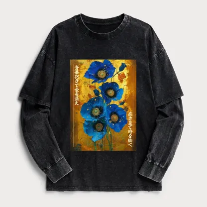 Tokyo-Tiger Shiny Blue Flower Warm Golden Background Washed Double Layer T-Shirt