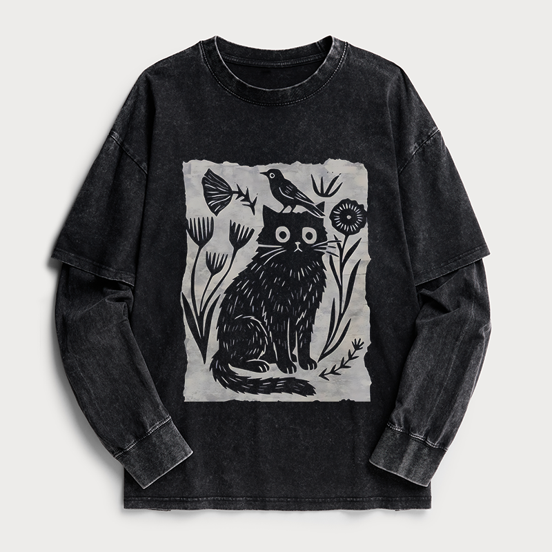Tokyo-Tiger Folk Paper Cut Cat Bird Floral Art Washed Double Layer T-Shirt
