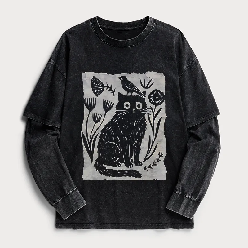 Tokyo-Tiger Folk Paper Cut Cat Bird Floral Art Washed Double Layer T-Shirt Sale