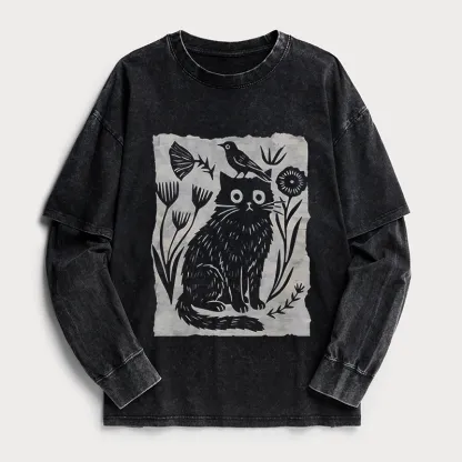 Tokyo-Tiger Folk Paper Cut Cat Bird Floral Art Washed Double Layer T-Shirt