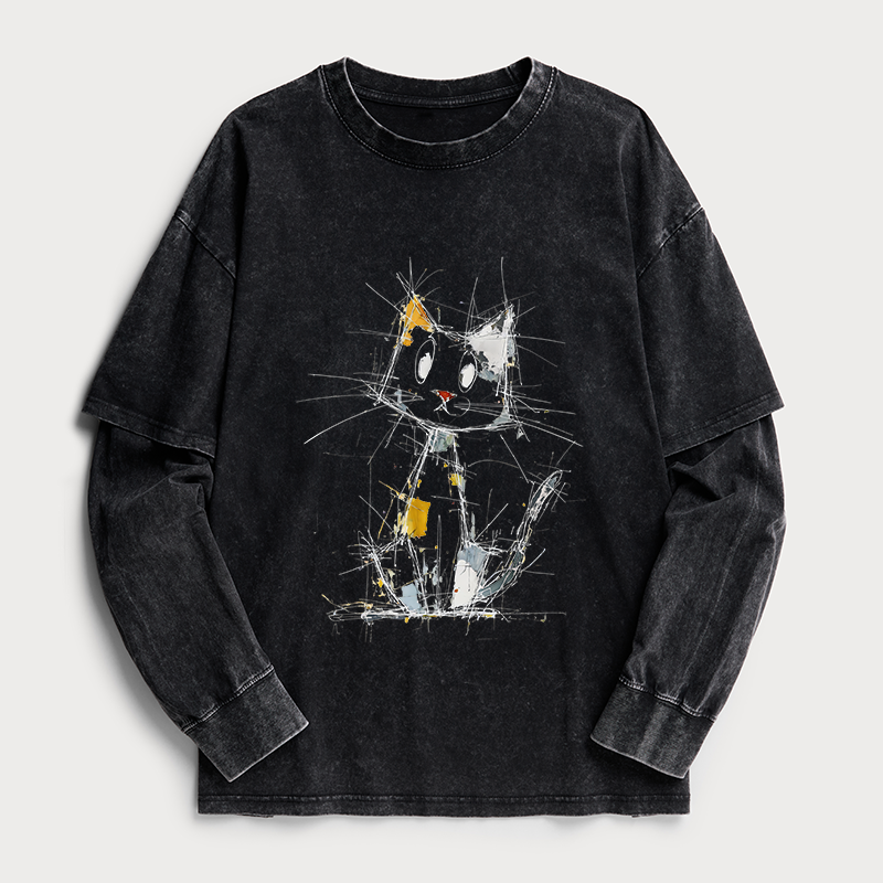 Tokyo-Tiger Minimal Splash Ink Cute Cat Washed Double Layer T-Shirt