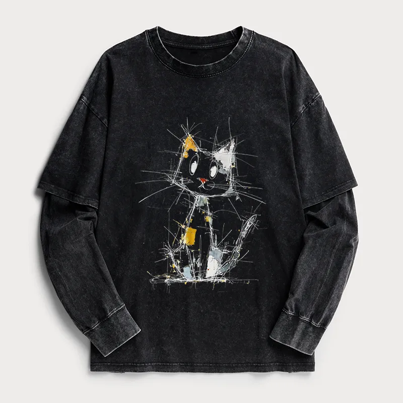 Tokyo-Tiger Minimal Splash Ink Cute Cat Washed Double Layer T-Shirt Sale