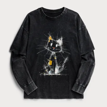 Tokyo-Tiger Minimal Splash Ink Cute Cat Washed Double Layer T-Shirt