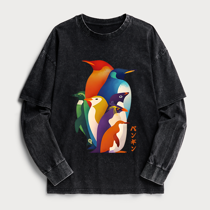 Tokyo-Tiger Cute Multi Tone Penguins Washed Double Layer T-Shirt