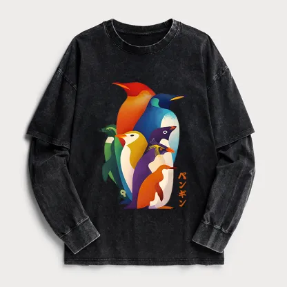 Tokyo-Tiger Cute Multi Tone Penguins Washed Double Layer T-Shirt