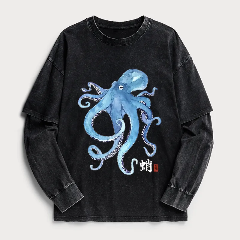 Tokyo-Tiger Watercolor Blue Octopus Washed Double Layer T-Shirt Sale