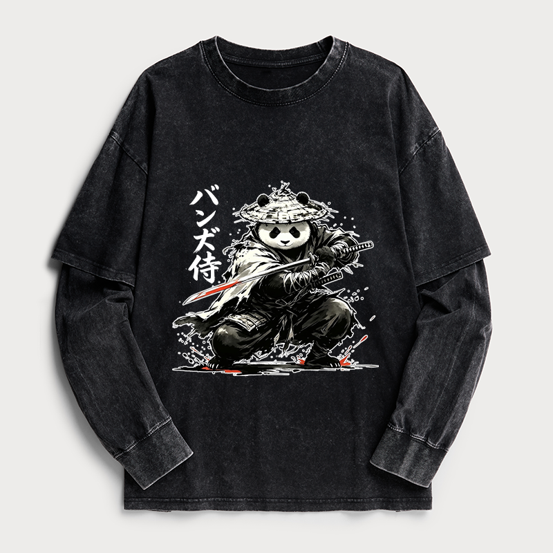 Tokyo-Tiger Panda Samurai Warrior Washed Double Layer T-Shirt