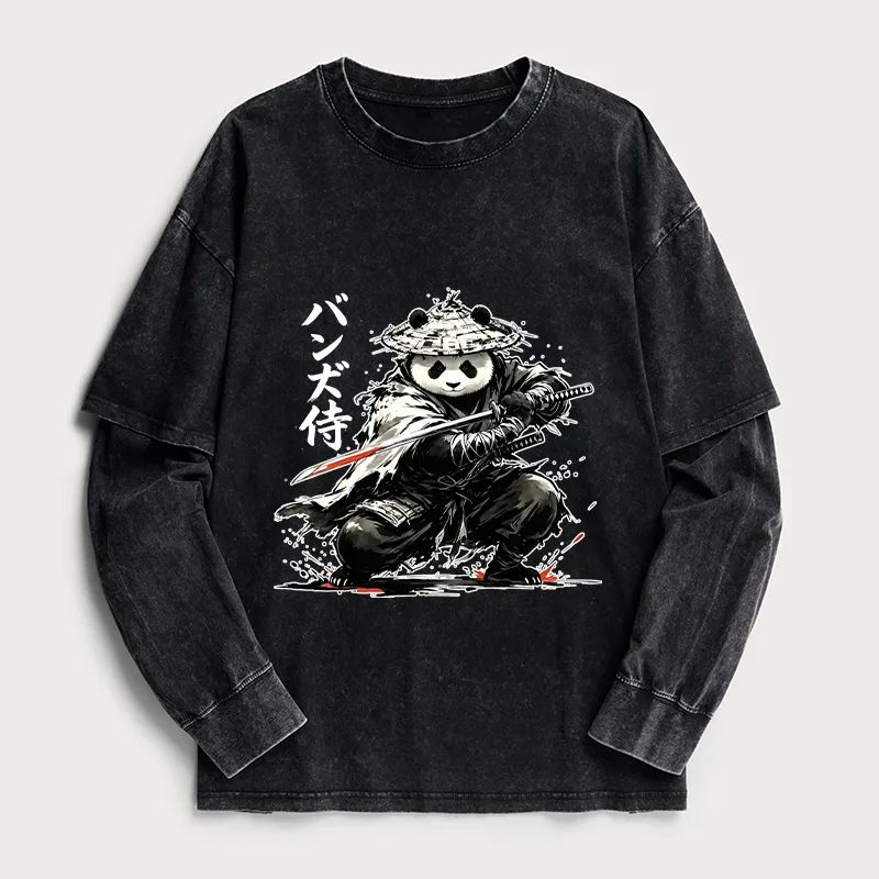 Tokyo-Tiger Panda Samurai Warrior Washed Double Layer T-Shirt Sale