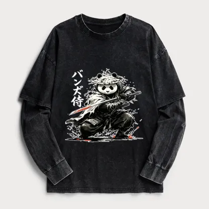 Tokyo-Tiger Panda Samurai Warrior Washed Double Layer T-Shirt
