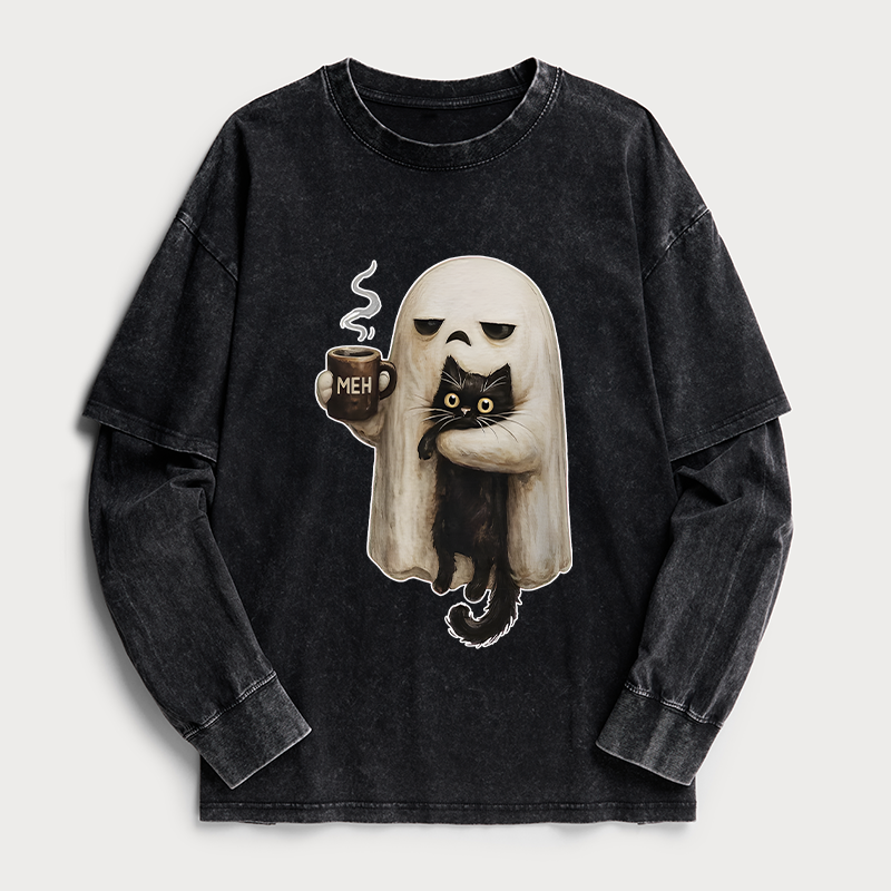 Tokyo-Tiger Ghost Cat Coffee Mood Washed Double Layer T-Shirt