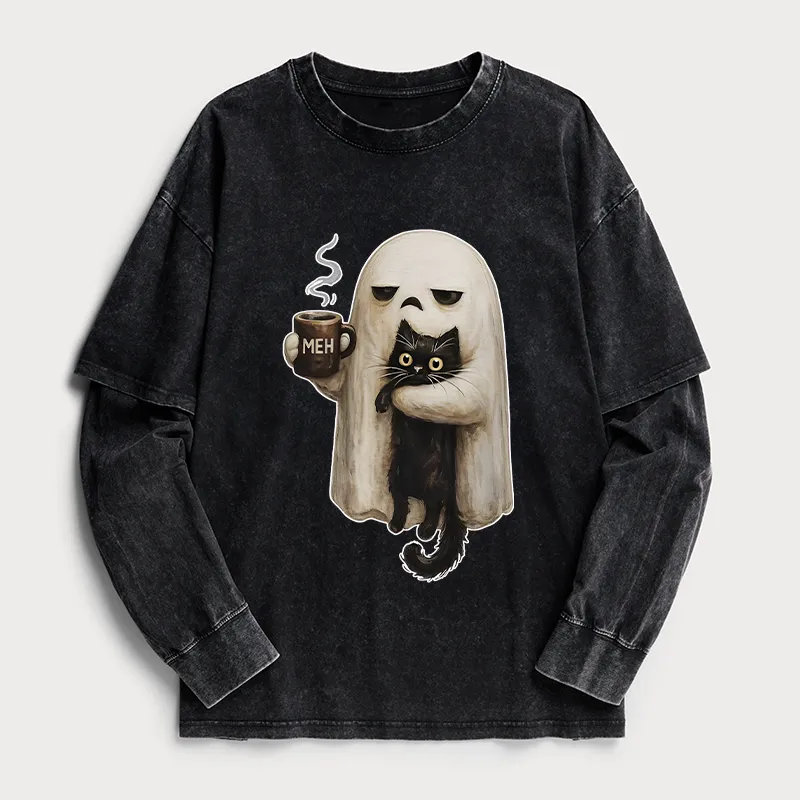 Tokyo-Tiger Ghost Cat Coffee Mood Washed Double Layer T-Shirt Sale
