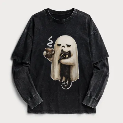 Tokyo-Tiger Ghost Cat Coffee Mood Washed Double Layer T-Shirt