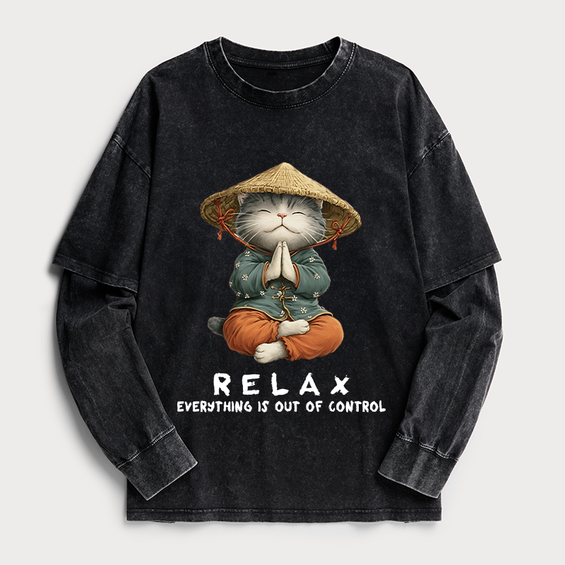 Tokyo-Tiger Zen Relax Cat Graphic Washed Double Layer T-Shirt