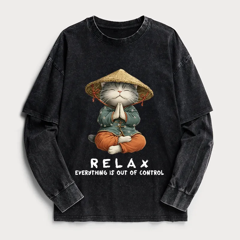 Tokyo-Tiger Zen Relax Cat Graphic Washed Double Layer T-Shirt Sale