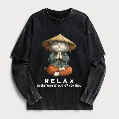 Tokyo-Tiger Zen Relax Cat Graphic Washed Double Layer T-Shirt