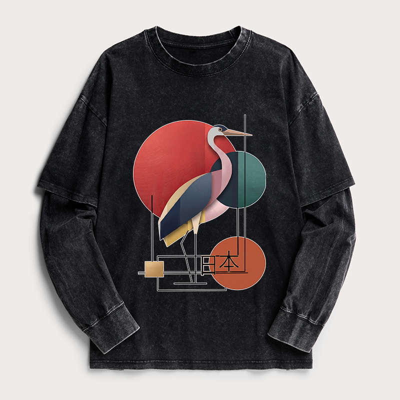 Tokyo-Tiger Geometric Crane Art Washed Double Layer T-Shirt