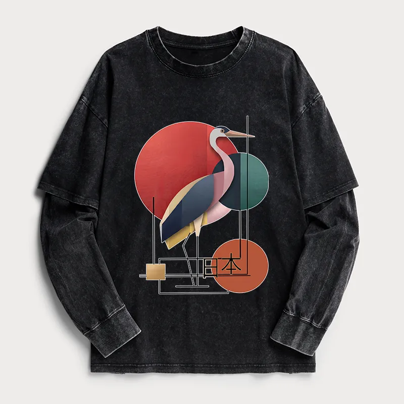 Tokyo-Tiger Geometric Crane Art Washed Double Layer T-Shirt Sale