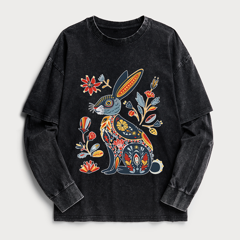 Tokyo-Tiger Folk Hare Bloom Washed Double Layer T-Shirt