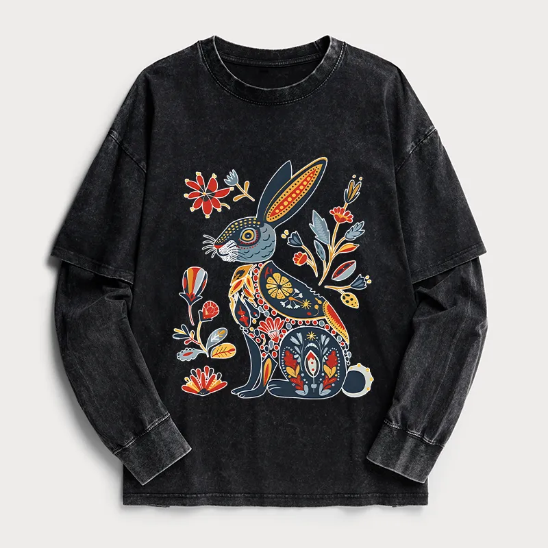 Tokyo-Tiger Folk Hare Bloom Washed Double Layer T-Shirt Sale