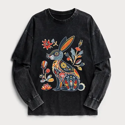 Tokyo-Tiger Folk Hare Bloom Washed Double Layer T-Shirt