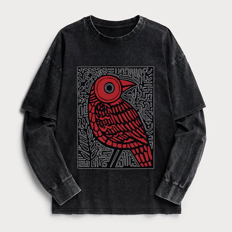 Tokyo-Tiger Retro Woodblock Bird Washed Double Layer T-Shirt Sale