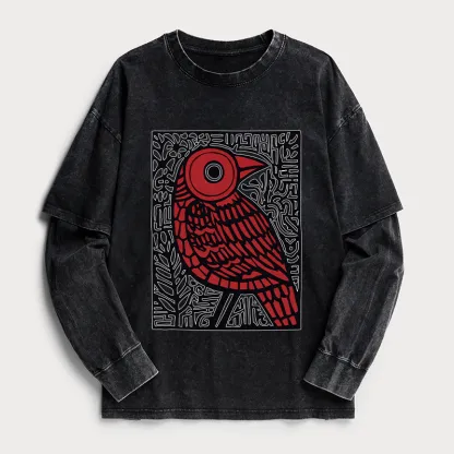 Tokyo-Tiger Retro Woodblock Bird Washed Double Layer T-Shirt