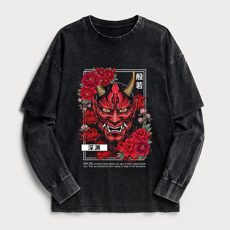 Tokyo-Tiger Cool Oni Floral Art Washed Double Layer T-Shirt