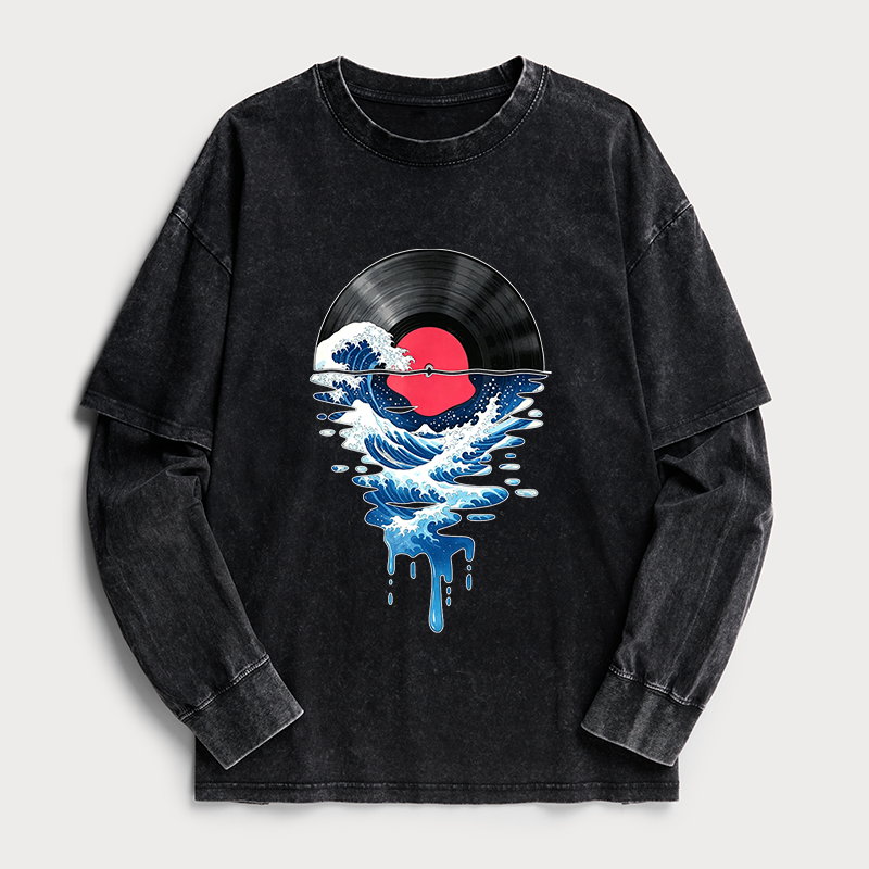 Tokyo-Tiger Vinyl Records And Waves Washed Double Layer T-Shirt