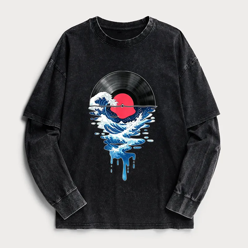 Tokyo-Tiger Vinyl Records And Waves Washed Double Layer T-Shirt Sale