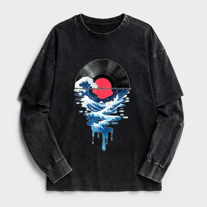 Tokyo-Tiger Vinyl Records And Waves Washed Double Layer T-Shirt