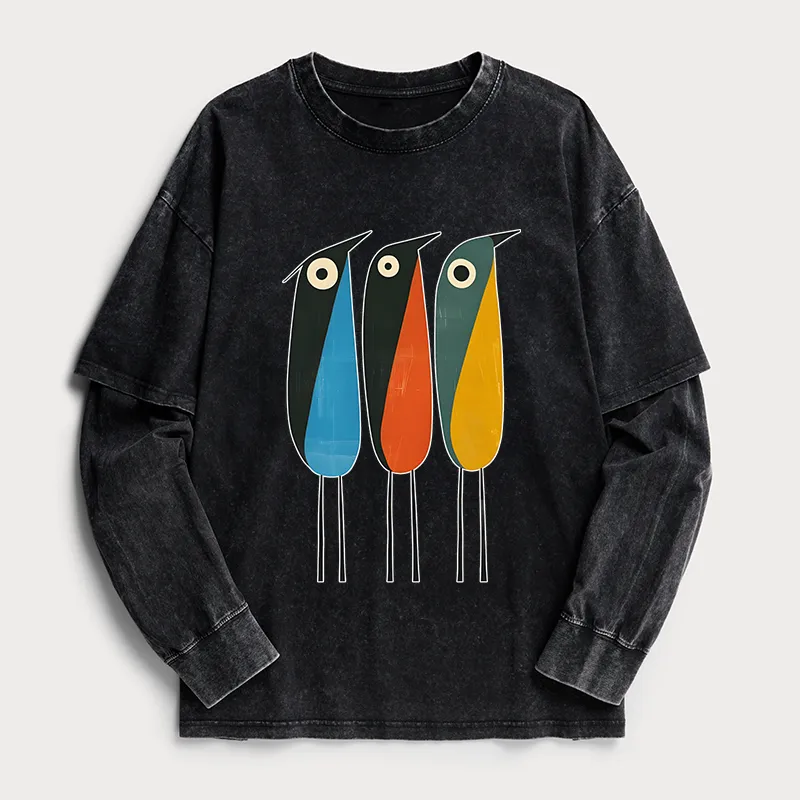 Tokyo-Tiger Bold Shape Birds Washed Double Layer T-Shirt Sale