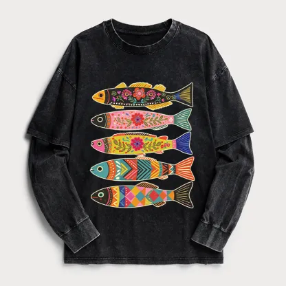 Tokyo-Tiger Colorful Patterned Fish Washed Double Layer T-Shirt