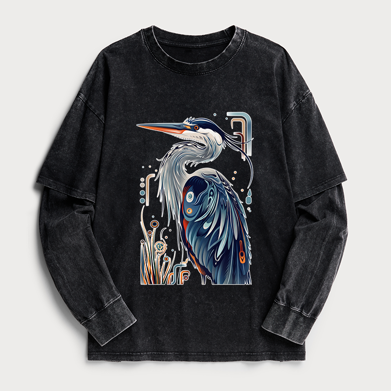 Tokyo-Tiger Stylish Blue Heron Washed Double Layer T-Shirt