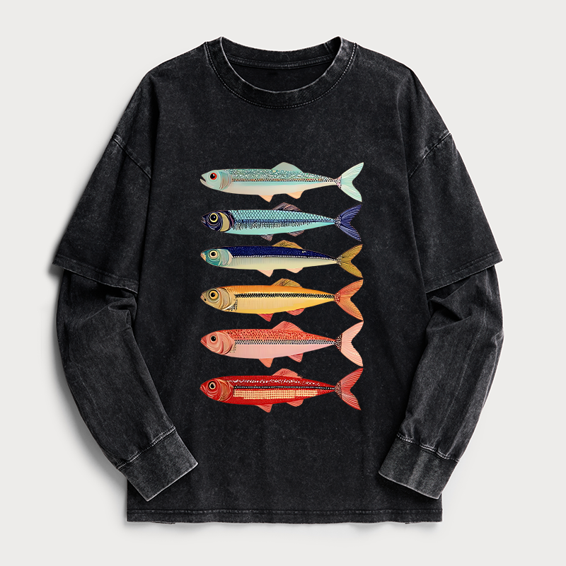 Tokyo-Tiger Colorful Fish Stack Washed Double Layer T-Shirt