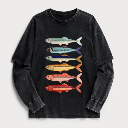 Tokyo-Tiger Colorful Fish Stack Washed Double Layer T-Shirt