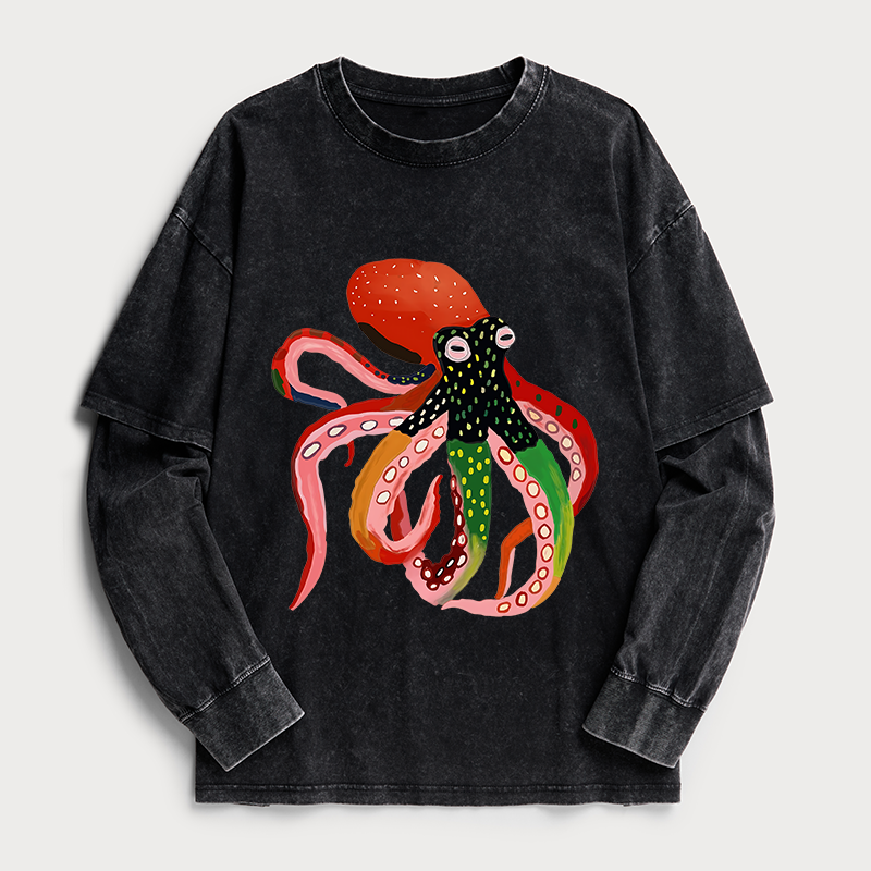Tokyo-Tiger Colorful Octopus Art Washed Double Layer T-Shirt