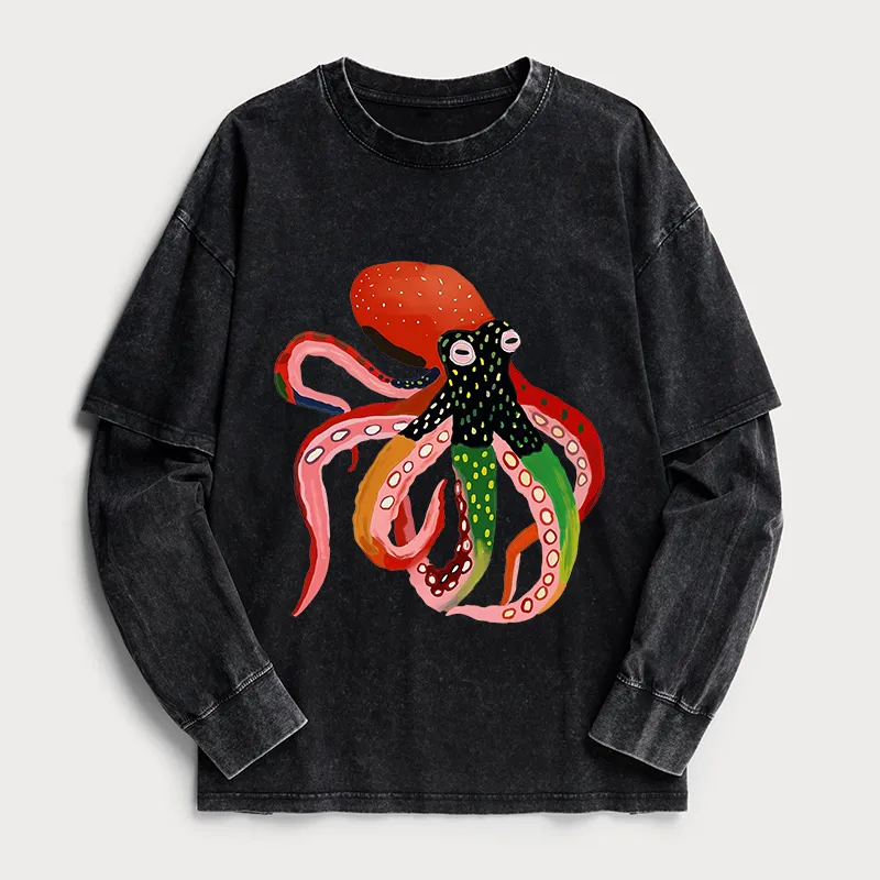Tokyo-Tiger Colorful Octopus Art Washed Double Layer T-Shirt Sale