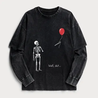 Tokyo-Tiger Skeleton Balloon Meme Washed Double Layer T-Shirt