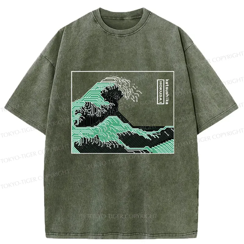 Tokyo-Tiger Wave Of Circuit Board Washed T-Shirt