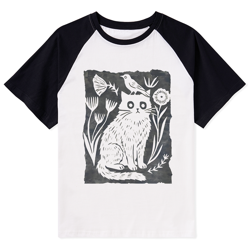 Tokyo-Tiger Folk Paper Cut Cat Bird Floral Art Raglan T-shirt