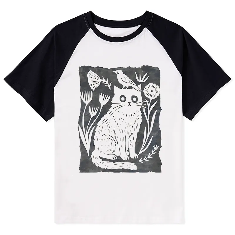 Tokyo-Tiger Folk Paper Cut Cat Bird Floral Art Raglan T-shirt Sale