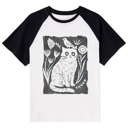 Tokyo-Tiger Folk Paper Cut Cat Bird Floral Art Raglan T-shirt