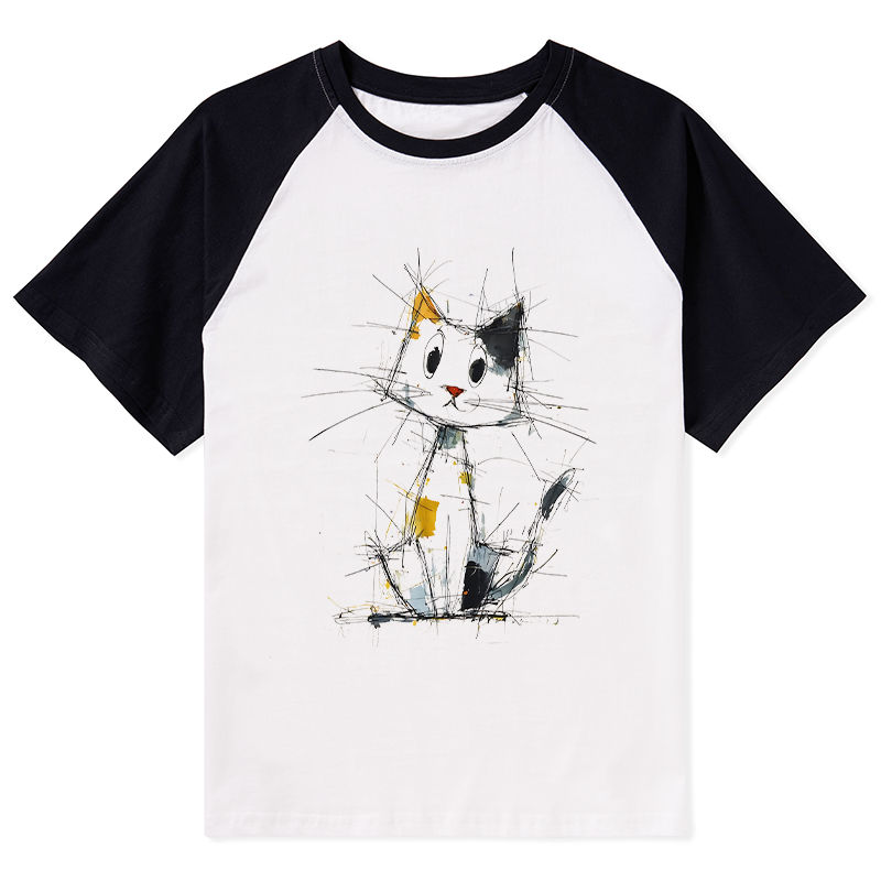 Tokyo-Tiger Minimal Splash Ink Cute Cat Raglan T-shirt
