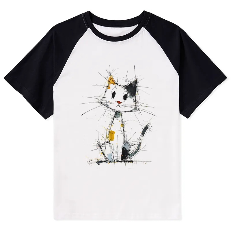 Tokyo-Tiger Minimal Splash Ink Cute Cat Raglan T-shirt