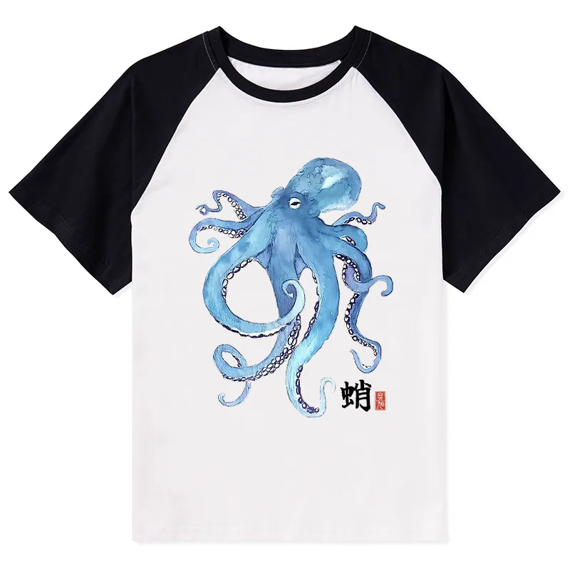 Tokyo-Tiger Watercolor Blue Octopus Raglan T-shirt Sale