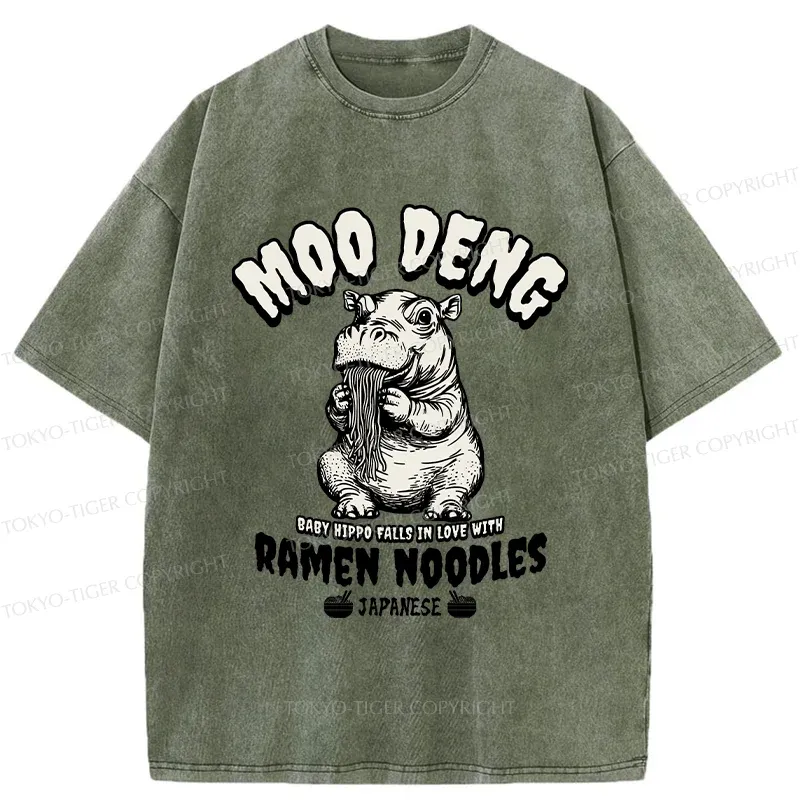 Tokyo-Tiger Moo Deng Eating Ramen Funny Washed T-Shirt