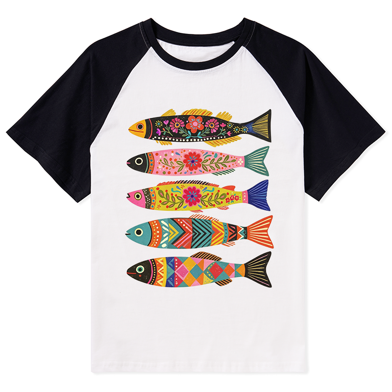 Tokyo-Tiger Colorful Patterned Fish Raglan T-shirt