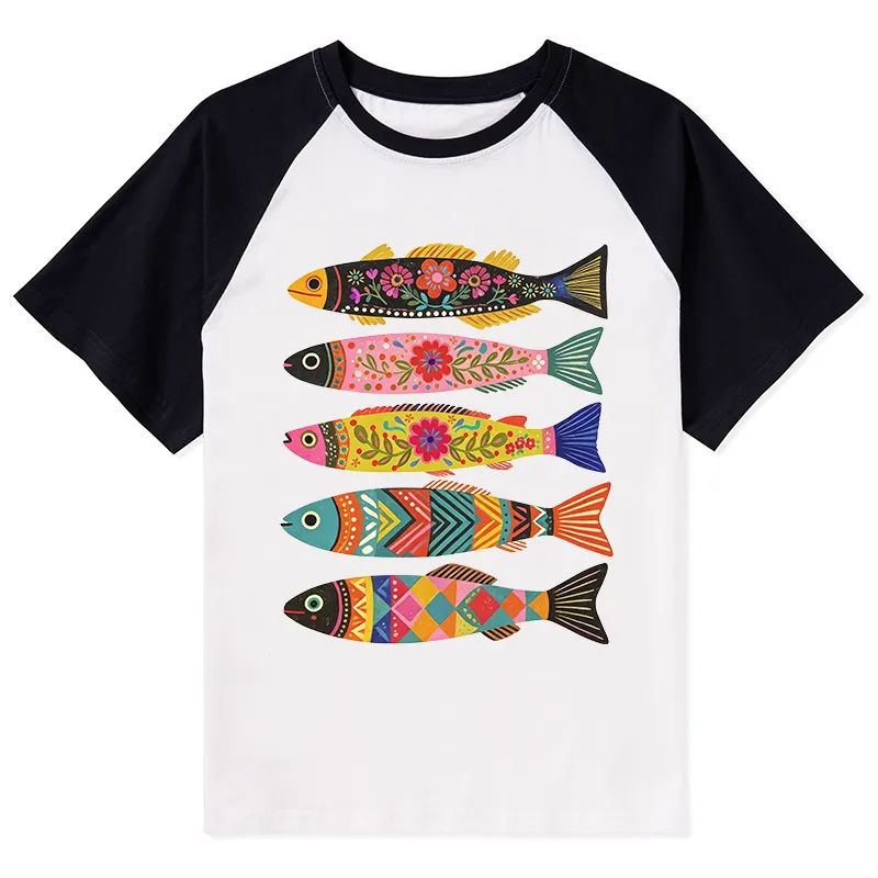 Tokyo-Tiger Colorful Patterned Fish Raglan T-shirt